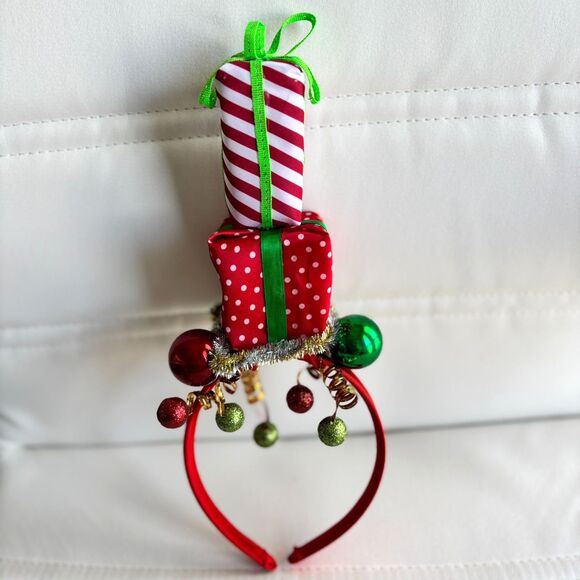 Festive Christmas Gift Box Headband for All Ages Holiday Accessory w/ Ornaments - Picture 2 of 4